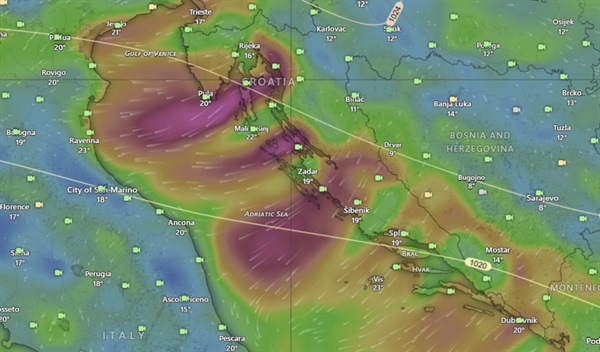 Dnes se rozfouká bóra. Pod Velebitem až 65 uzlů